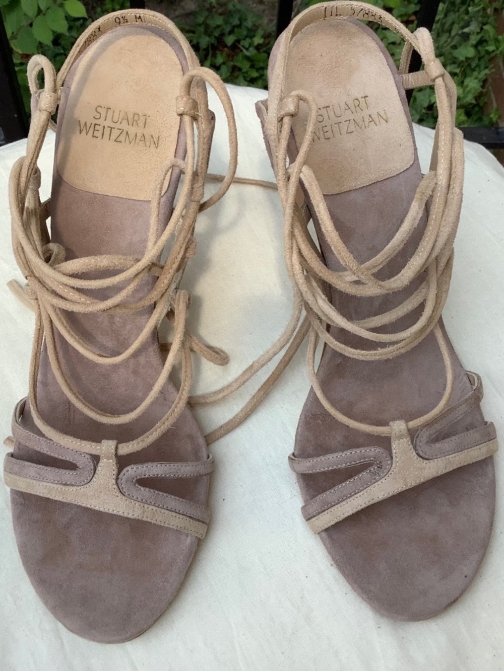 Stuart Weitzman High Heeled Lace Up Suede Sandals Tan/Cream SZ 9.5